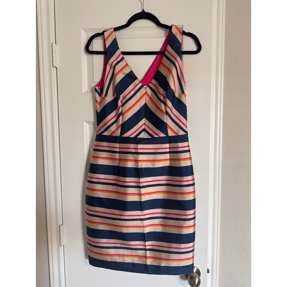 Trina Turk Sleeveless Dress Striped Navy Pink Orange Beige Career Party Sz. 8